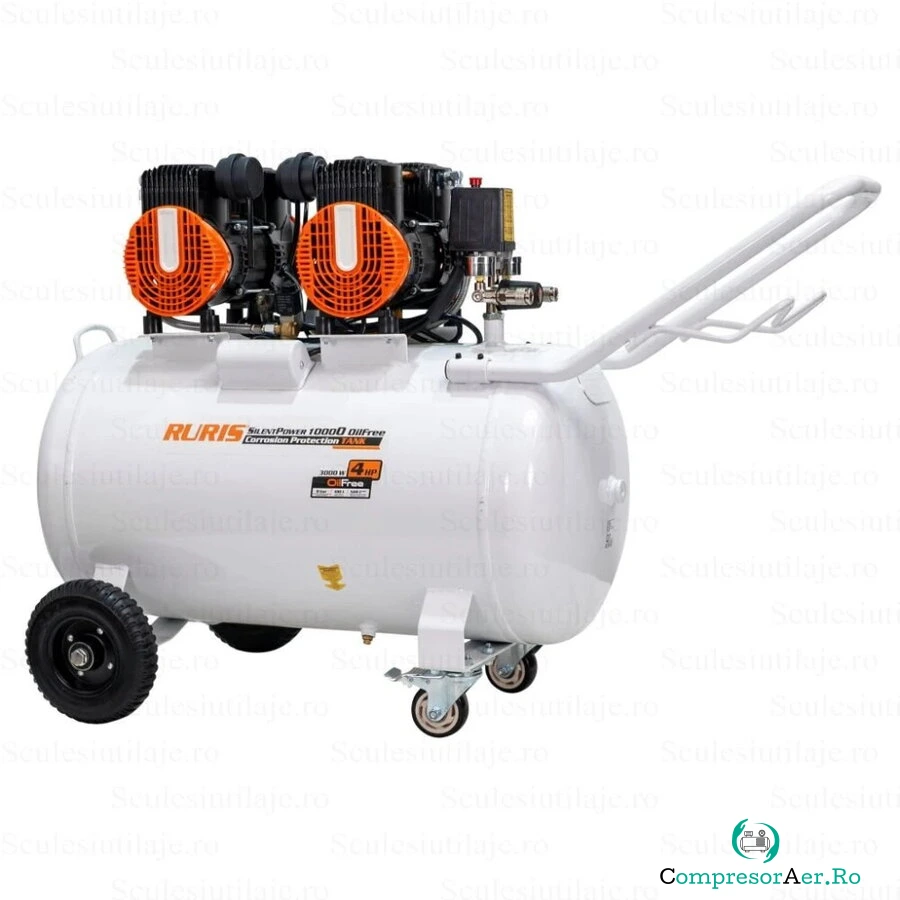 Ruris Compresor Silentios Ruris Silent Power 10000 OilFree – 3000W, 100L, 528 l/min, 8 Bar, Fara Ulei, 2 Cilindri, 2 Iesiri, Protectii Multiple, Alb-Negru-Portocaliu