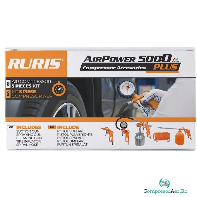 Ruris Kit accesorii compresor RURIS, AirPower 5000PLUS, pistol suflare, pistol pulverizare, pistol spalare, pistol umflare, furtun spiralat